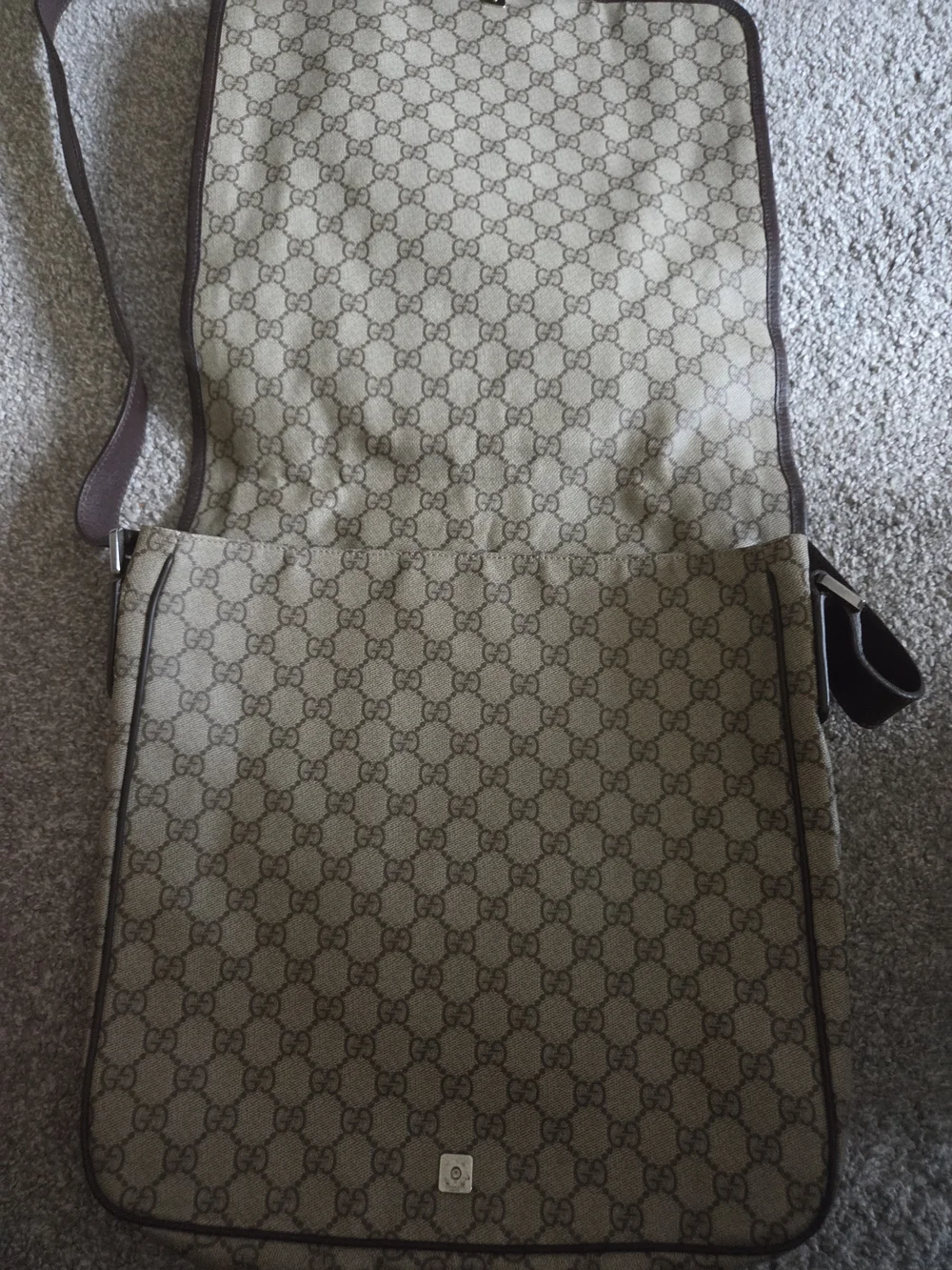 Gucci Brown Leather Authentic Messenger with Green-Red Web Stripe and GG Canvas